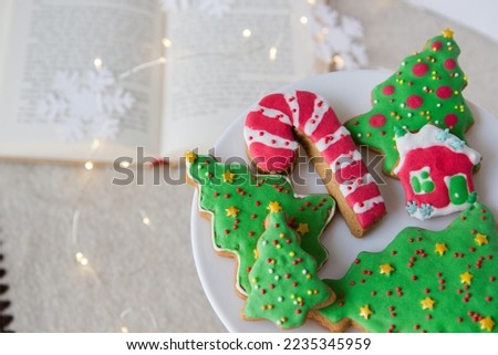 Christmas gingerbread on the background of a book and a festive garland