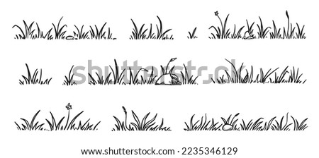 Grass doodle sketch style set. Hand drawn grass field outline scribble background. Sprout, flower, clover elements. Vector illustration. Royalty-Free Stock Photo #2235346129