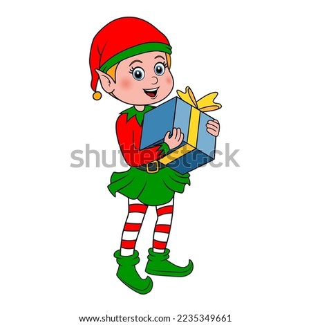 Little elf. Christmas elf holds gift box with ribbon and bow. Cute cartoon Santa Claus helper elf in costume and hat as symbol New Year and Christmas. Smiling character gnome is carrying a gifts.