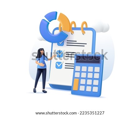 Characters manage finances 3D render. People calculating analyzing personal or corporate budget, managing financial income, consulting with accountant. 3D render cartoon vector illustration and icon Royalty-Free Stock Photo #2235351227
