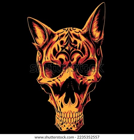 cat skull line art yellow and red, hand drawn vector picture
