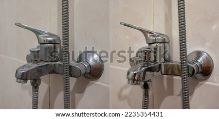 Before and after of a shower mixer. It had lime scale build up, but is now clean and shiny almost like new. Royalty-Free Stock Photo #2235354431