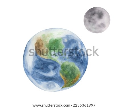 Watercolor illustration. Hand painted Earth and Moon Grey satellite. Planet with oceans, seas, mountains, continents. Outer space. Extraterrestrial object of Solar system. Earth Day banner, poster