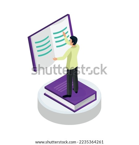 E-learning glow isometric composition with human character surrounded by books and modern technologies of learning vector illustration