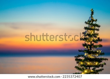 Decorated of Christmas tree with beautiful sunset sky background, Christmas banner, happy concept, copy space, soft focus, visible noise due to high ISO