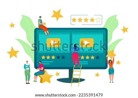 Film review concept vector illustration. People vloggers rating films, giving positive feedback to best movies. Ranking video with stars.