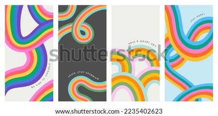Retro 60s colorful rainbow cartoon illustration set with happy inspiration quote. Trendy vintage hippie art style background collection. Curvy pastel color 70s fashion print. Royalty-Free Stock Photo #2235402623