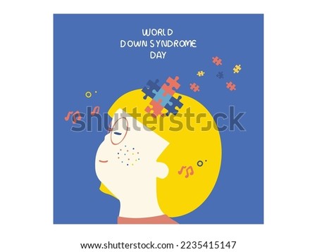 World Down Syndrome Day.  Cartoon of down syndrome patient girl and music with happy gentle face and wearing eyeglasses.Down Syndrome Awareness vector illustration.  Royalty-Free Stock Photo #2235415147