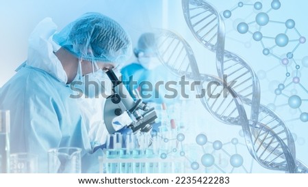 research and developement concept background scientist or reseacher using microscope in biotechnology laboratory  overlay with DNA strand and molecules symbo; . concept of DNA engineering Royalty-Free Stock Photo #2235422283