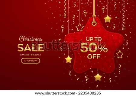 Christmas and New Year sale price tag. Realistic red tag hanging on gold rope. Discount label with golden stars and confetti. Xmas banner design, advertising, marketing price tag. Vector illustration.