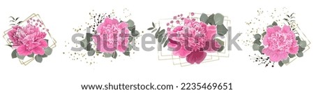 Vector Floral Collection. Pink peonies, eucalyptus, glitter, sequins, gold geometric shapes. Floral arrangements on white background 