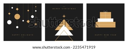 Merry christmas card design with simple geometric christmas tree. Season greeting banner, poster, brochure, web. Happy holidays text. Modern luxury style. Trendy flat design vector illustration.