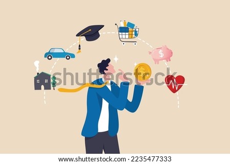 Budget planning, personal finance to allocate expense or payment, income and saving, accounting concept, businessman holding money coin think about budget planning with expense categories. Royalty-Free Stock Photo #2235477333