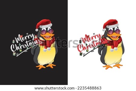 Christmas lettering. Penguin in Santa Claus hat. Winter decor illustration vector design for t-shirts and other uses.