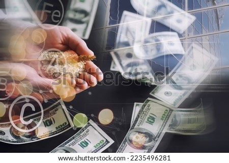 World grain crisis. Double exposure. A handful of cereals and 100 dollar banknotes on background. Royalty-Free Stock Photo #2235496281