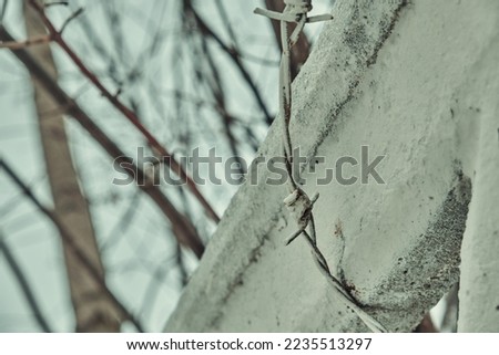 Old barbed wire on a concrete fence large with snow in winter close-up Selective focus