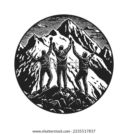 Black and white graphic illustration. Three mountain climbers on the top of a mountain with victorious gesture in an circle frame. vector