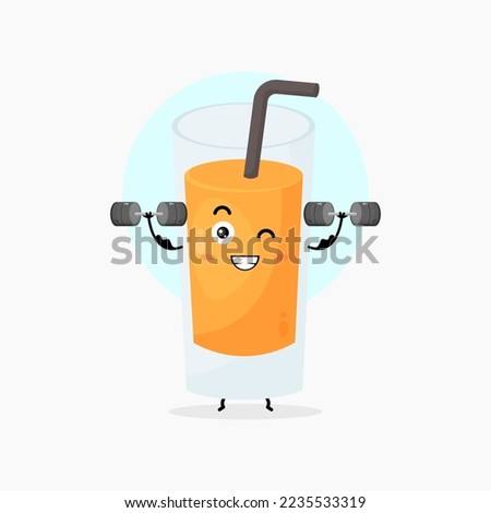 cute orange juice character lifting a barbell