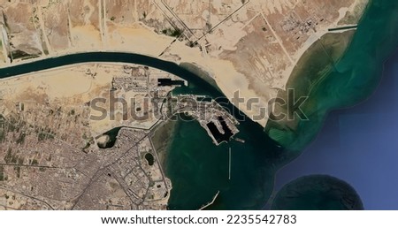 Suez canal satellite map aerial view landscape island shipping port egypt Royalty-Free Stock Photo #2235542783