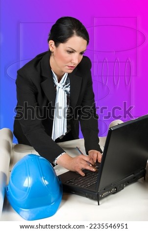 Constructor engineer or architect woman in a office working on projects and typing at laptop isolated on white background