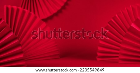 Chinese New Year 2023 .Decor pattern fan on red background. Red paper fans .Lunar New Year banner template. Color of the year 2023  magenta.color Lunar New Year,chinese banner