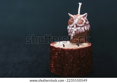 Candles in the shape of an owl on a tree stump. Holiday advent. Beautiful handmade candles. Cozy atmosphere