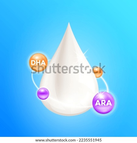 Omega DHA and ARA ring surrounds the milk droplets isolated on blue background. Vitamins protein containing essential amino acids for infant. Design products kids food. Medical concepts. 3D Vector. Royalty-Free Stock Photo #2235551945