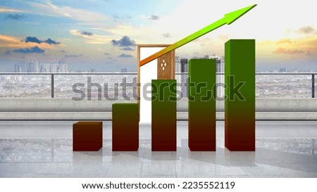 Increased coin graph arrow with cityscape background