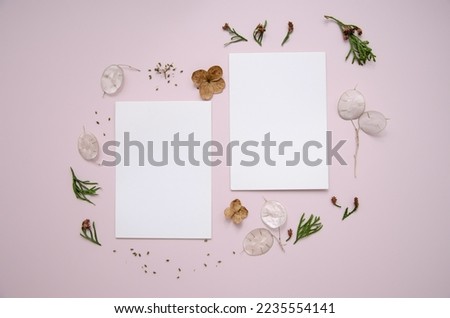 Blank greeting cards on pink background with dried lunaria and gardenia flowers and seeds, thuja buds and branches. Feminine still life composition. Flat lay,top view
