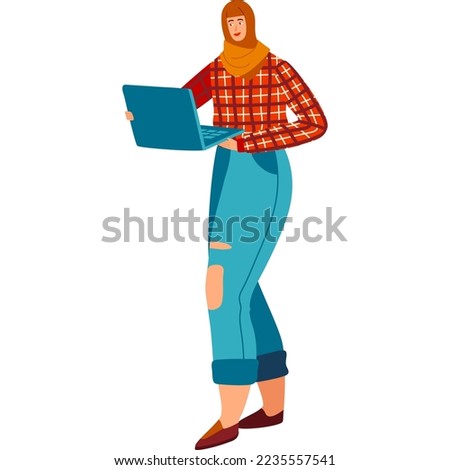 Muslim wotan, beautiful asian young girl, happy owner laptop, design cartoon style vector illustration, isolated on white.