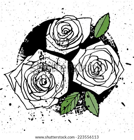 Three vector grunge style white roses with green leaves and dust