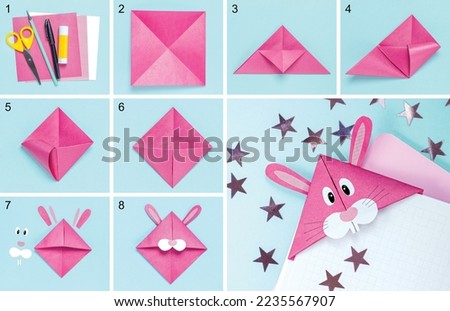 Step-by-step photo instruction on how to make a bookmark in the form of a pink rabbit
