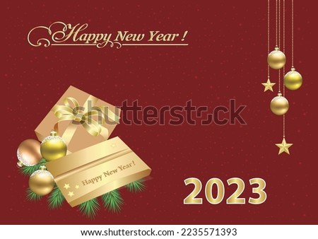 Happy New Year 2023. Christmas card with gift boxes on fir branches. Festive decoration with hanging balls and stars on a red background. Golden design. Vector illustration