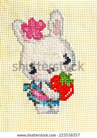 Hand Made Embroidery And Cross-Stitch Rabbit Design, The Handicrafts Of Decorative Sewing And Textile Art