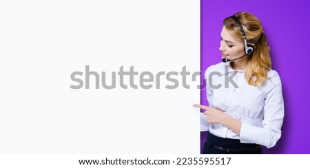Call Center Service concept - customer support or sales agent. Businesswoman, caller, receptionist, phone operator pointing at empty sign board. Helping consulting. Violet purple background.