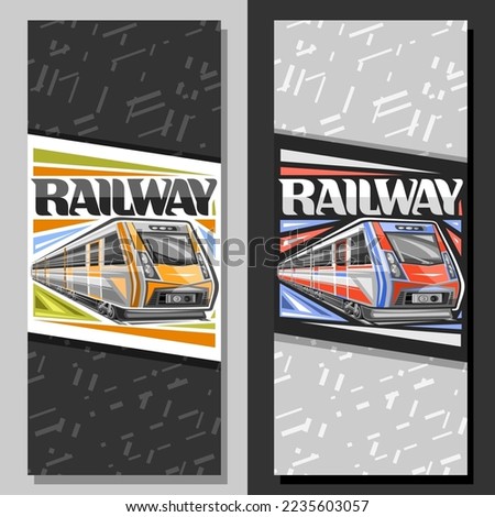Vector vertical banner for Railway, decorative brochure with illustration of orange train rushing by railway, shipping coupon with unique brush lettering for word railway on grey abstract background