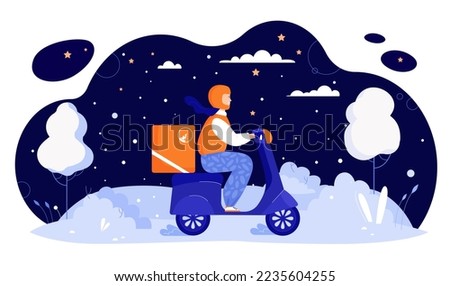Food delivery express service in winter illustration. Cartoon courier driver delivering groceries with moped, riding motor scooter on city street covered with snow, Christmas snowy night