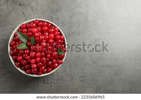 Ripe fresh cranberry on grey table, top view. Space for text