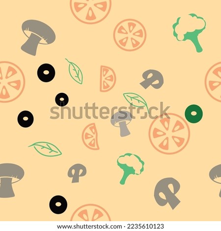 Pizza ingredients on yellow background. Seamless pattern illustration.