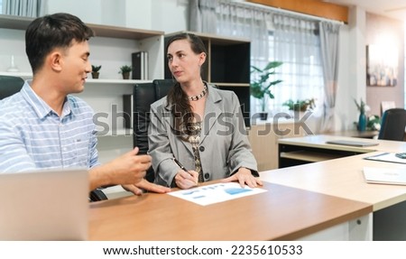 business caucasian and asian person interview. human resource making decision about disrespectful recruitment employee worker. caucasian boss decide not to recruit new candidate from disrespectful. Royalty-Free Stock Photo #2235610533