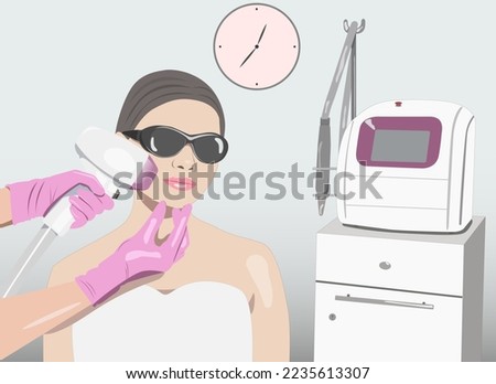 Illustration. Epilation hair removal procedure on a woman’s face. Beautician doing laser rejuvenation in a beauty salon. Removing unwanted body hair.  Royalty-Free Stock Photo #2235613307