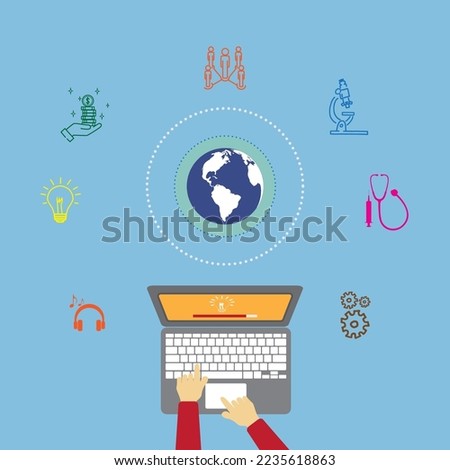 User connecting to the internet using a laptop and exchanging data online. Computer and earth in the illustrative background in the lead role explaining the concept of Digital Marketing.