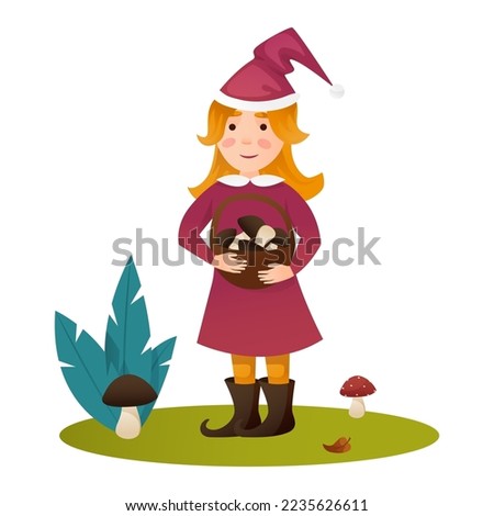 Cute Garden Gnome Vector Illustration on White. Cute fairytale character. Bundle of lawn ornaments or decorations. Flat cartoon vector illustration.