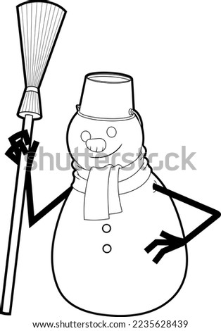 Outlined Smiling Snowman Cartoon Character With Broom And Bucket. Vector Hand Drawn Illustration Isolated On Transparent Background