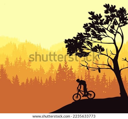 Silhouette of mountain bike rider in wild nature landscape. Mountains, forest in background. Magical misty nature. Yellow illustration.