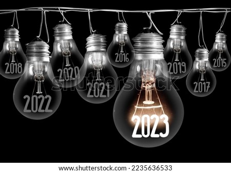 Horizontal group of shining light bulb with fiber in a shape of New Year 2023 and dark light bulbs with years passed isolated on black background.