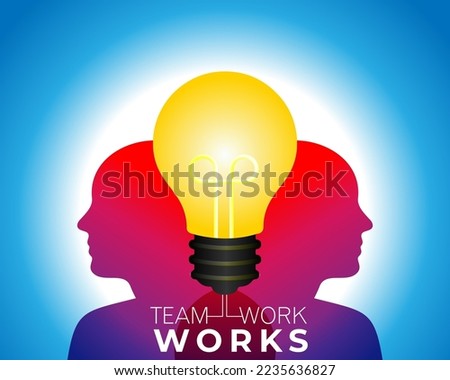 Team can generate good ideas. Team work works, concept, two people with lightbulb infographic