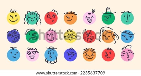 Round Abstract Comic Faces with Different Emotions. Various colorful characters. Cartoon style. Flat design. Set of vector emoticons. Royalty-Free Stock Photo #2235637709