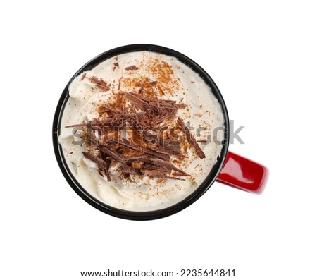 Glass cup of delicious hot chocolate with whipped cream on white background, top view
