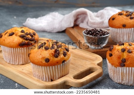 Chocolate chip muffins on wooden background